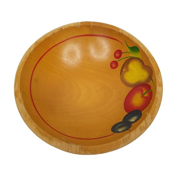 Vintage Wooden Salad Bowl Utensils Cherries Pear Apple Plums Hand Painted Oval - Picture 3 of 11